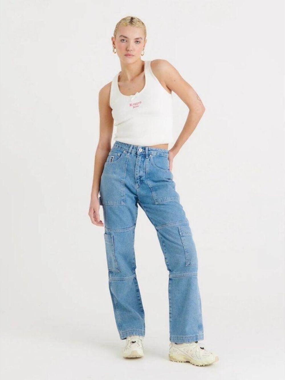 The Ragged Priest high waisted, light Blue Straight Leg Cargo Jeans